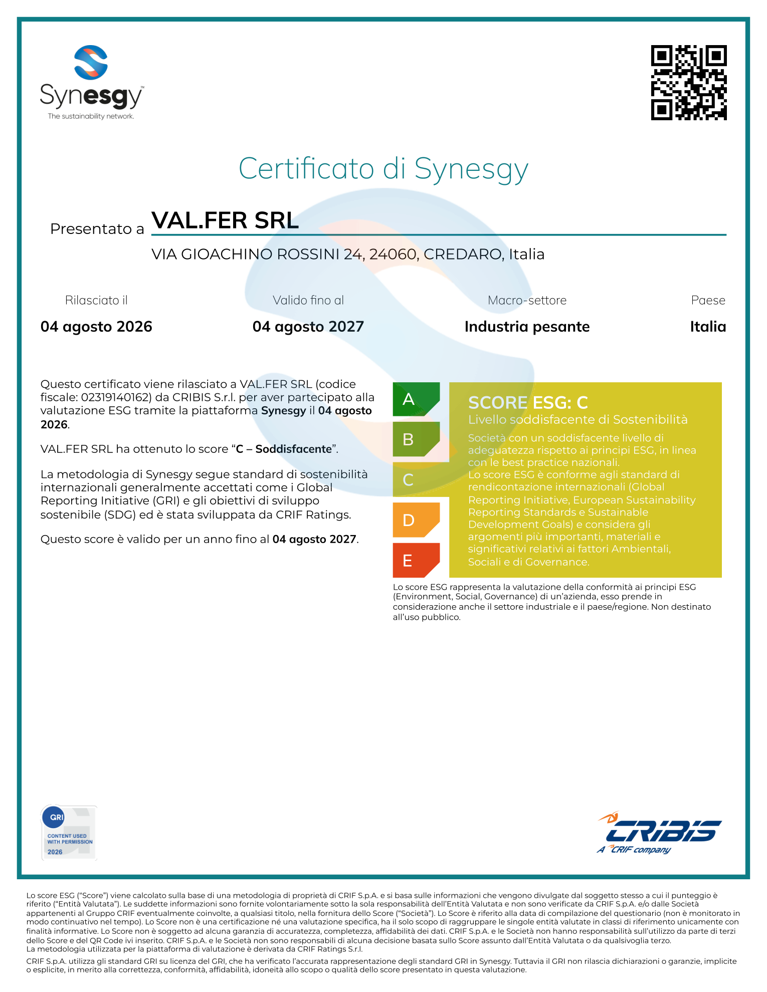 Certificato Synesgy VAL.FER SRL